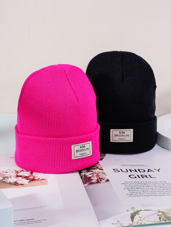 2pcs Women's Knit Hats With Label Casual Winter Fall