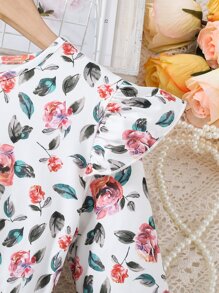 Tween Girl Floral Print Ruffle Trim Mesh Hem Dress