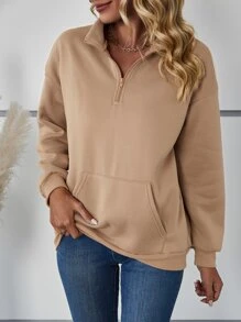 SHEIN LUNE 袋鼠口袋半開門襟加絨內裏運動衫 - 卡其色 - 查看 3