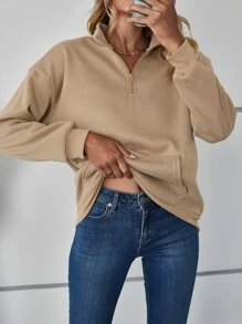 SHEIN LUNE 袋鼠口袋半開門襟加絨內裏運動衫 - 卡其色 - 查看 5