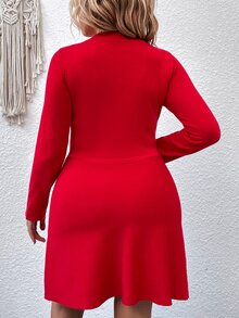 Knit Mix Plus Solid Sweater Dress Without Belt - Red - View 2