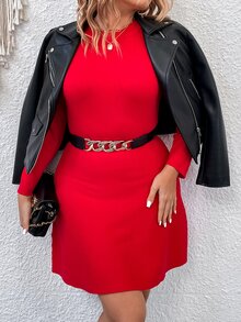 Knit Mix Plus Solid Sweater Dress Without Belt - Red - View 7