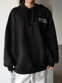 DAZY Sudadera con capucha con gráfico de eslogan, hombros caídos y cordón, ropa de otoño - Negro - Ver 6