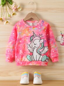 SHEIN Toddler Girls Tie Dye Unicorn Print Pullover - Pink - View 1