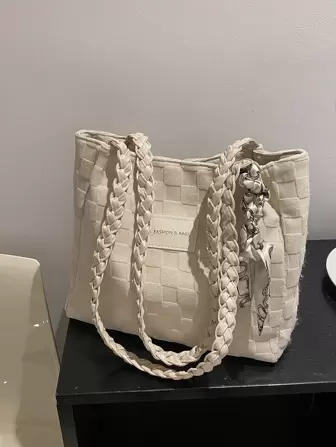 Einfarbige, minimalistische große Kapazität geflochtene Stroh Umhängetasche, leichte College-Stil bestickte Gewebe Umhängetasche