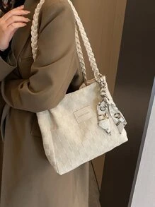 Túi đeo vai bện bằng rơm có sức chứa lớn màu trơn tối giản, Túi đeo vai dệt bằng hạt cườm kiểu trường đại học nhẹ - Màu be - Xem 3