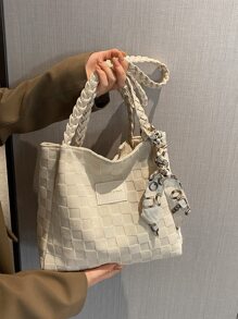 Túi đeo vai bện bằng rơm có sức chứa lớn màu trơn tối giản, Túi đeo vai dệt bằng hạt cườm kiểu trường đại học nhẹ - Màu be - Xem 4