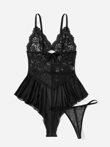 ROMWE Fairycore Contrast Lace Mesh Teddy Bodysuit & Thong, Lingerie - Black - View 5
