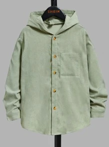 SHEIN Boys Drop Shoulder Hooded Corduroy Shirt - Mint Green - View 1