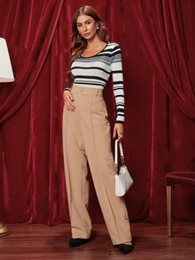 Knit Mix 条纹修身针织毛衣，休闲色块设计，随机条纹 - 黑與白 - 查看 3