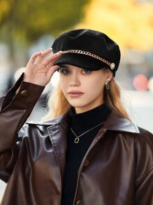 LEAJOURNO. 1pc Avant-Garde Stylish Black Beret With Rhinestone Chain Decoration For Women, Autumn And Winter, Street Style Newsboy Cap - Black - View 7