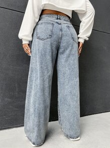 SHEIN ICON Plus Wide Leg Boyfriend Jeans, Fall Women Clothes - Light Wash - View 2