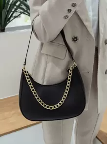 時尚pu純色金色鏈條裝飾單肩包適合購物、旅行、聚會等。