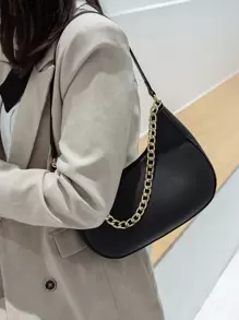 時尚pu純色金色鏈條裝飾單肩包適合購物、旅行、聚會等。