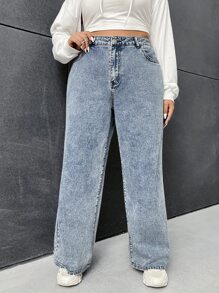 SHEIN ICON Plus Wide Leg Boyfriend Jeans, Fall Women Clothes - Light Wash - View 3