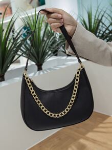 時尚pu純色金色鏈條裝飾單肩包適合購物、旅行、聚會等。