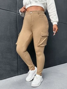 SHEIN Plus Flap Pocket Skinny Jeans - Khaki - View 1