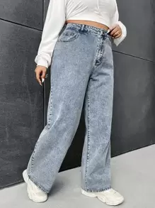 SHEIN ICON Plus Wide Leg Boyfriend Jeans, Fall Women Clothes - Light Wash - View 4