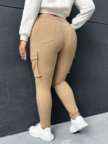 SHEIN Plus Flap Pocket Skinny Jeans - Khaki - View 2