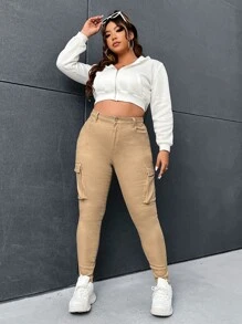 SHEIN Plus Flap Pocket Skinny Jeans - Khaki - View 5