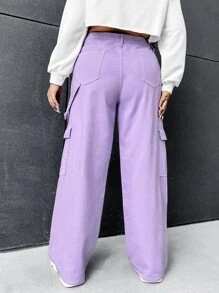 SHEIN EZwear Hơn Quần jean chở hàng Túi nắp bên cạnh - Màu Lilac Tím - Xem 2