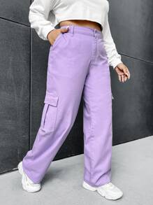 SHEIN EZwear Hơn Quần jean chở hàng Túi nắp bên cạnh - Màu Lilac Tím - Xem 4