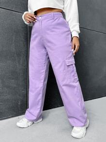 SHEIN EZwear Hơn Quần jean chở hàng Túi nắp bên cạnh - Màu Lilac Tím - Xem 5