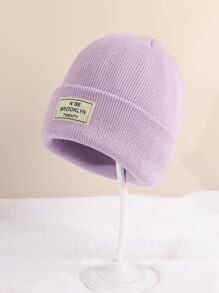 1 件儿童纯色户外休闲时尚布鲁克林标志针织帽，舒适，适合所有季节 - 紫色 - 查看 1
