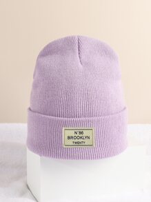 1 件儿童纯色户外休闲时尚布鲁克林标志针织帽，舒适，适合所有季节 - 紫色 - 查看 2