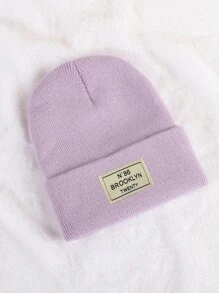 1 件儿童纯色户外休闲时尚布鲁克林标志针织帽，舒适，适合所有季节 - 紫色 - 查看 3