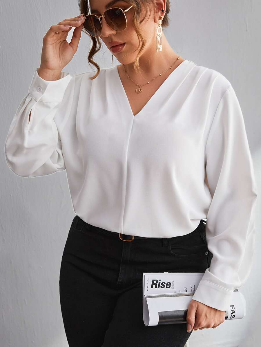 SHEIN LUNE Plus Solid V Neck Blouse - White - View 1