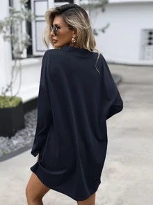 Pocket Patched Drop Shoulder Tee Dress - Navy Blue - View 2