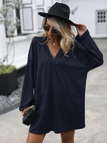 Pocket Patched Drop Shoulder Tee Dress - Navy Blue - View 3