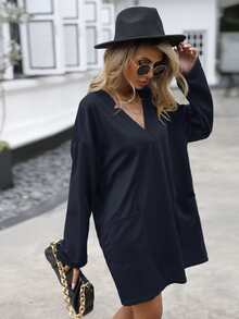 Pocket Patched Drop Shoulder Tee Dress - Navy Blue - View 5
