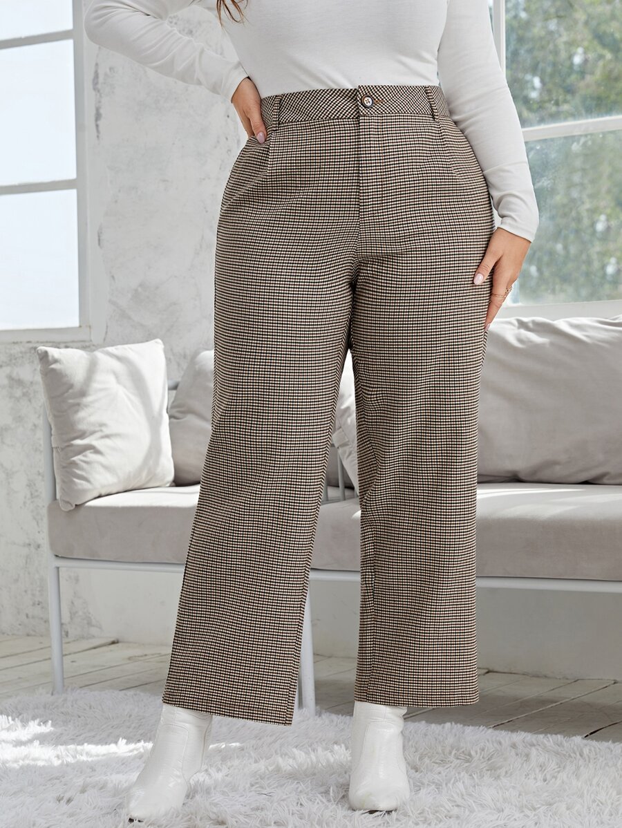 SHEIN Privé Plus Plaid Straight Leg Trousers - Khaki - View 1