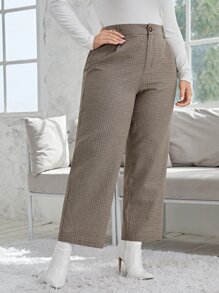 SHEIN Privé Plus Plaid Straight Leg Trousers - Khaki - View 5