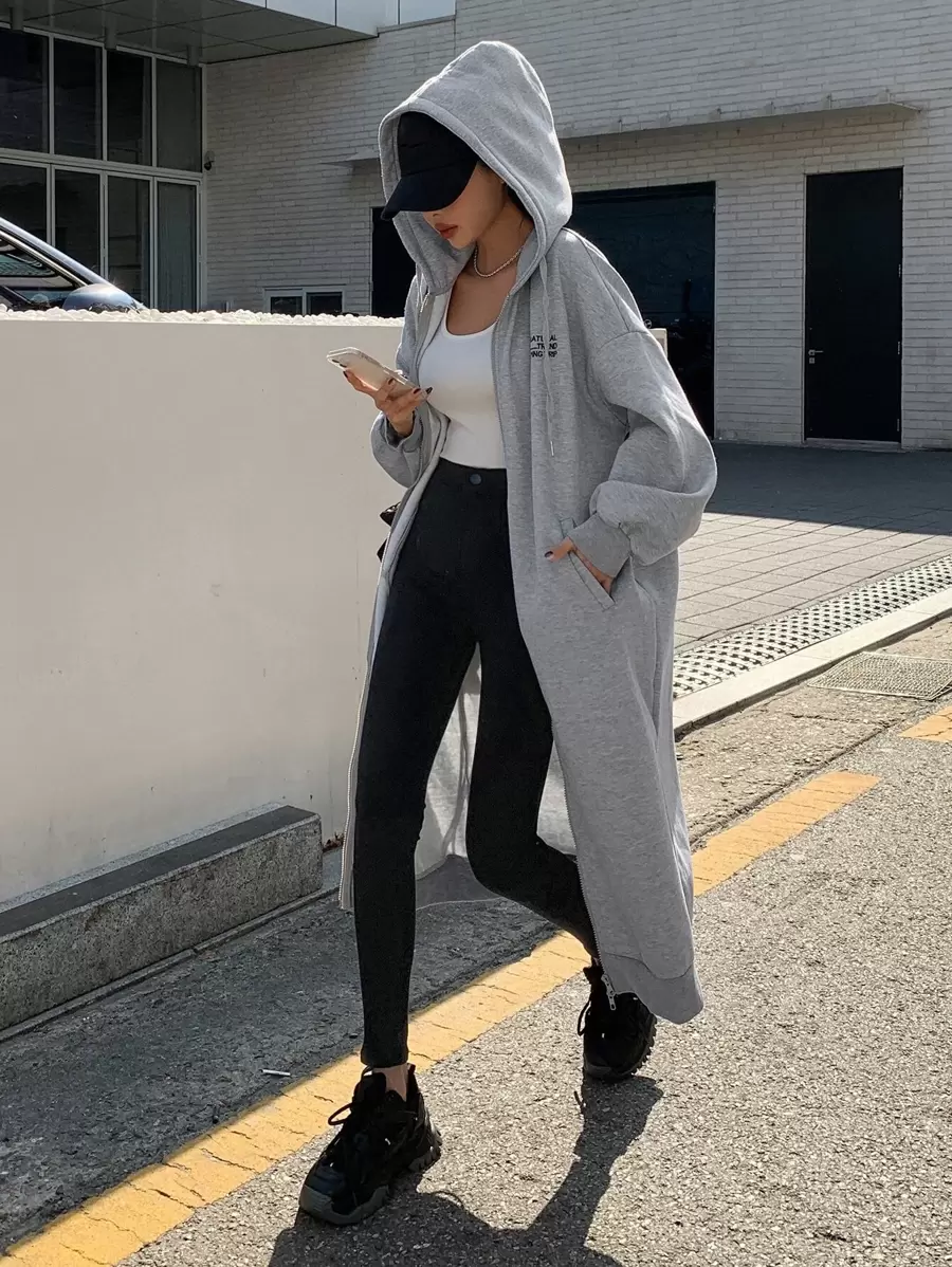 DAZY 字母刺繡拉鏈開襟落肩袖抽繩連帽衫 - 灰色 - 查看 1