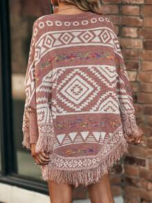 Geo Pattern Fringe Trim Batwing Sleeve Knit Poncho - Redwood - View 2