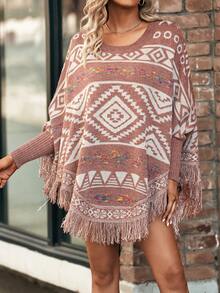Geo Pattern Fringe Trim Batwing Sleeve Knit Poncho - Redwood - View 4