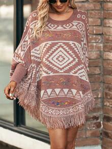 Geo Pattern Fringe Trim Batwing Sleeve Knit Poncho - Redwood - View 5
