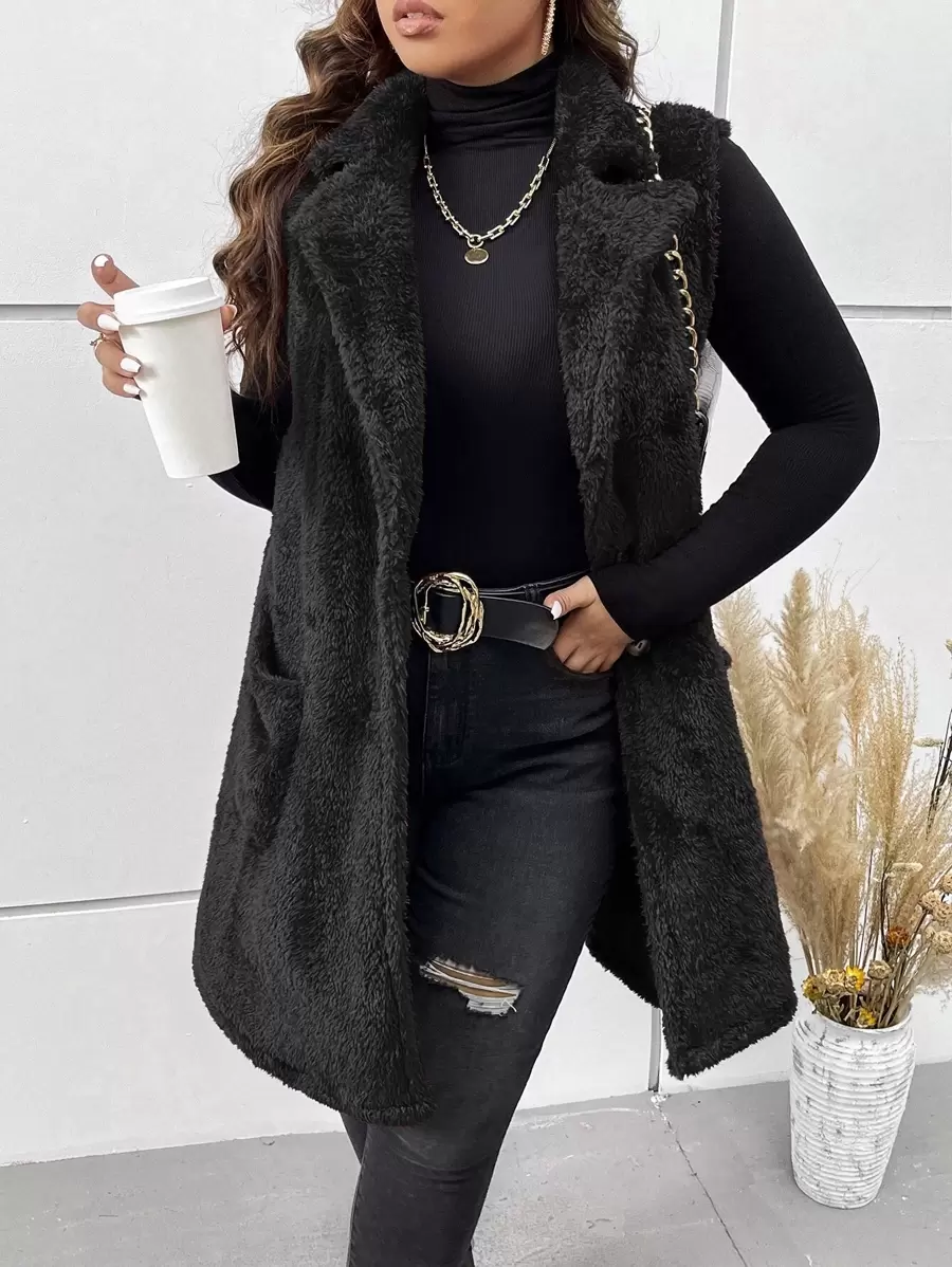 SHEIN LUNE Plus Lapel Neck Dual Pocket Teddy Vest Coat - Black - View 1