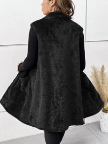 SHEIN LUNE Plus Lapel Neck Dual Pocket Teddy Vest Coat - Black - View 2