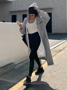 DAZY 字母刺繡拉鏈開襟落肩袖抽繩連帽衫 - 灰色 - 查看 8