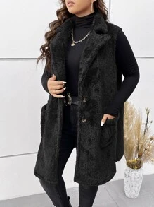 SHEIN LUNE Plus Lapel Neck Dual Pocket Teddy Vest Coat - Black - View 4