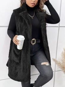 SHEIN LUNE Plus Lapel Neck Dual Pocket Teddy Vest Coat - Black - View 5