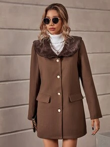 SHEIN LUNE Borg Collar Flap Detail Coat - Coffee Brown - View 6
