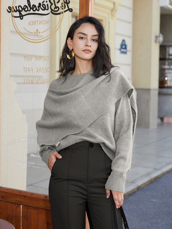 Women Solid Color Batwing Sleeve Patchwork Poncho Sweater, Elegant Fashion Design Knitted Top, Spring Outfits For Women