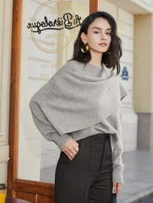 Áo len Poncho chắp vá tay cánh dơi màu trơn cho nữ, Áo dệt kim thiết kế thời trang thanh lịch, Trang phục mùa xuân cho nữ - Xám - Xem 3