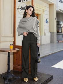 Áo len Poncho chắp vá tay cánh dơi màu trơn cho nữ, Áo dệt kim thiết kế thời trang thanh lịch, Trang phục mùa xuân cho nữ - Xám - Xem 5