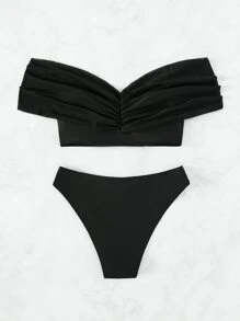 SHEIN Ruched Off The Shoulder Summer Beach Bikini Set - Black - View 2